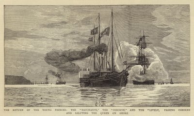 El Regreso de los Jóvenes Príncipes, el Bacchante el Osborne y el Lively, pasando por Osborne y saludando a la Reina en la Orilla de Charles William Wyllie